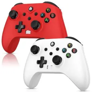 Two red and white xbox controllers